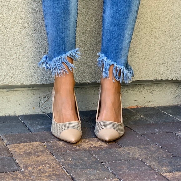 Tan Leather Perforated Mesh Stiletto Heel Pump - Picture 2 of 8